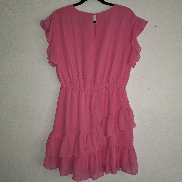 Eesome  Pink Swiss Dot Overlay Stretch Waist Ruffle Sleeve Dress Size Small - Picture 2 of 10